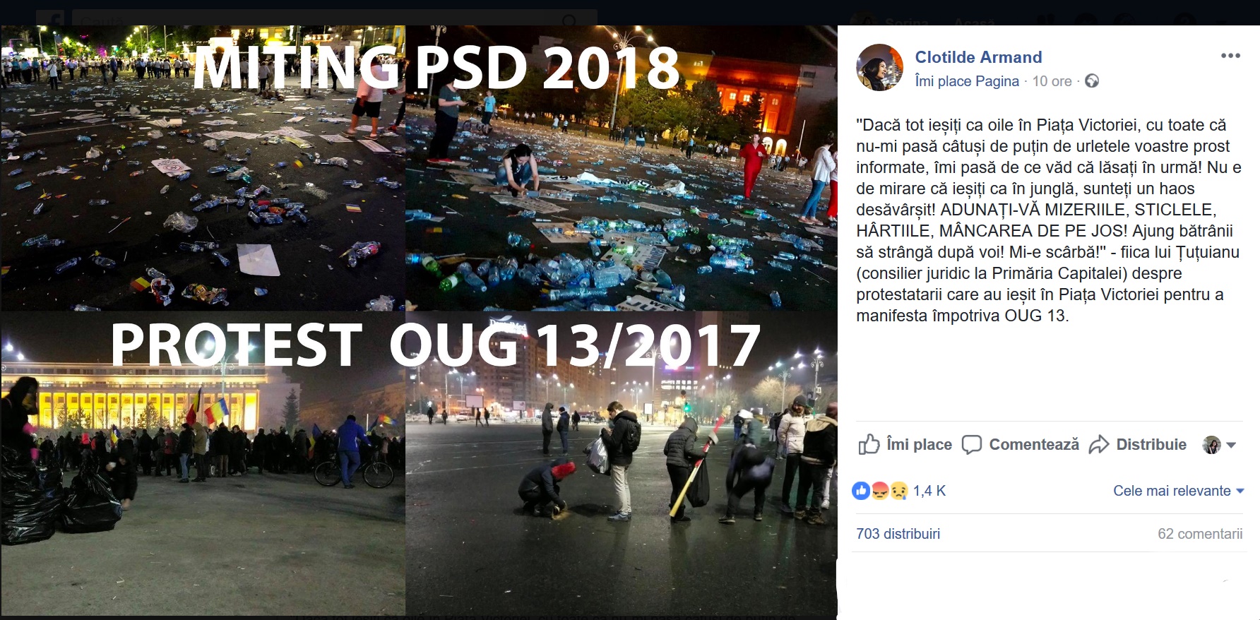 Clotilde Armand, parlamentar USR, folosește două imagini de la protestul #rezist și contramanifestația PSD pentru a arăta diferențele dintre grupurile de protestatari.