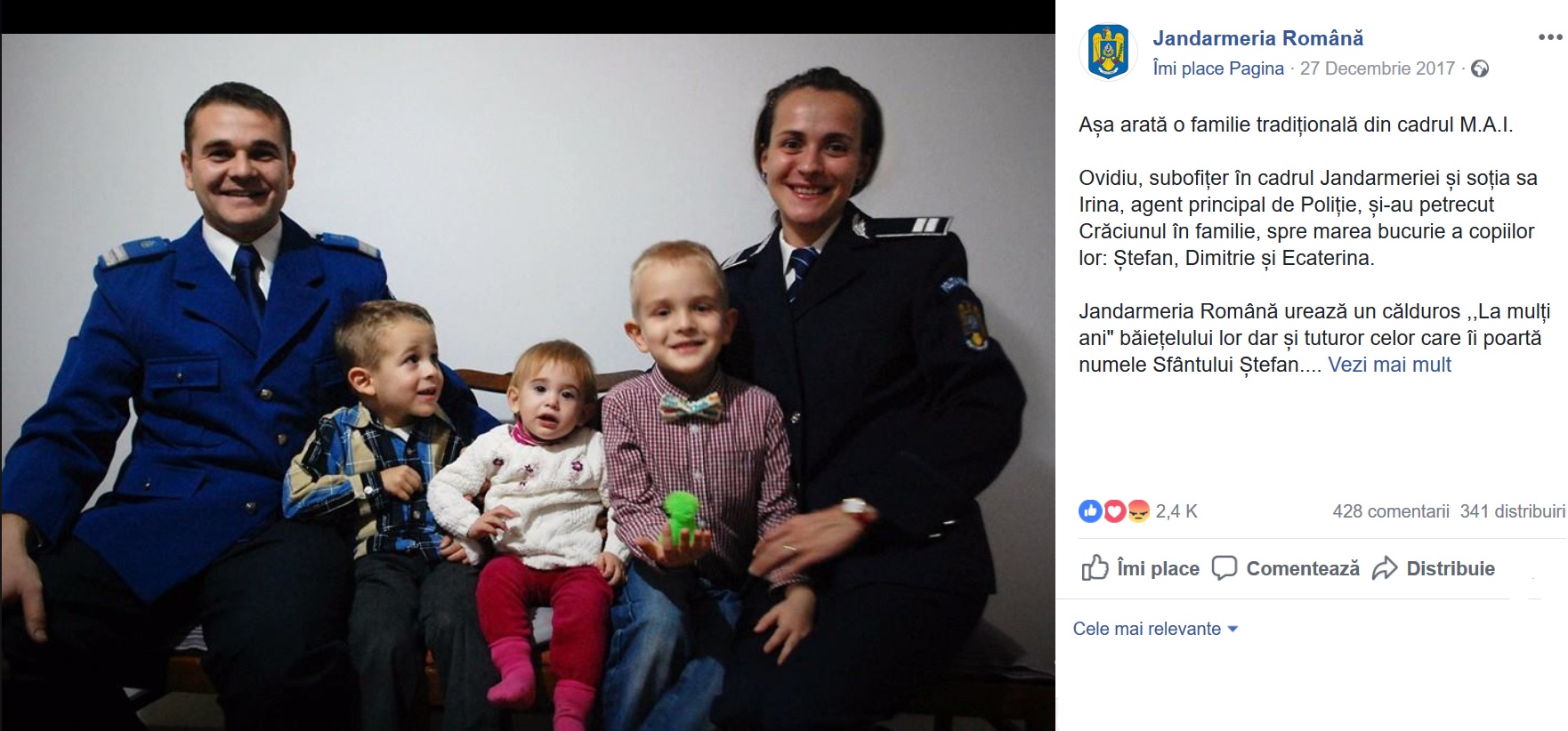 Jandarmeria Română publică o imagine care prezintă o familie tradițională: un cuplu heterosexual cu cei trei copii