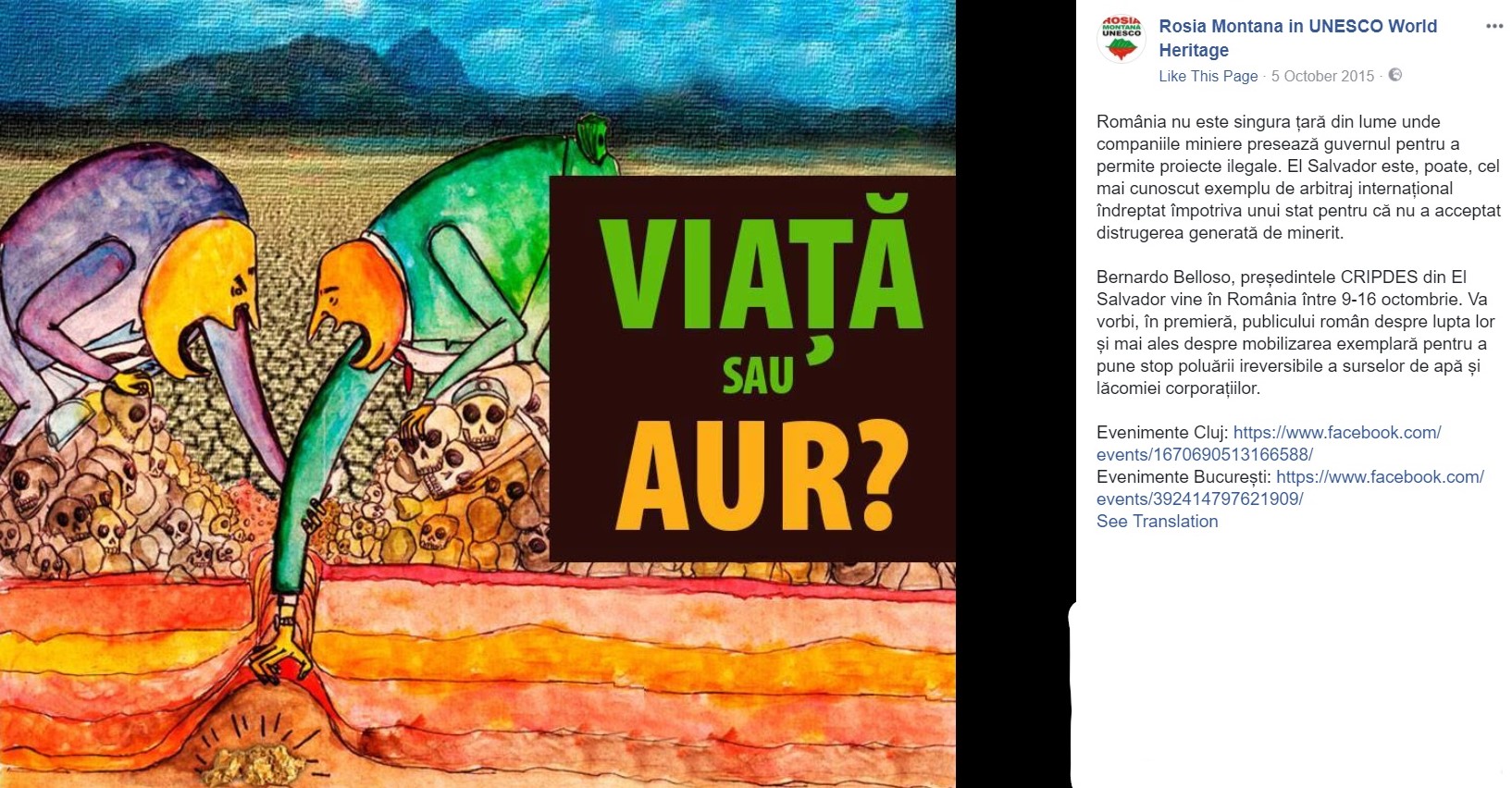 Mesajul postării este “Viață sau aur?” și imaginea arată două persoane avare care caută aur sub un morman de schelete.