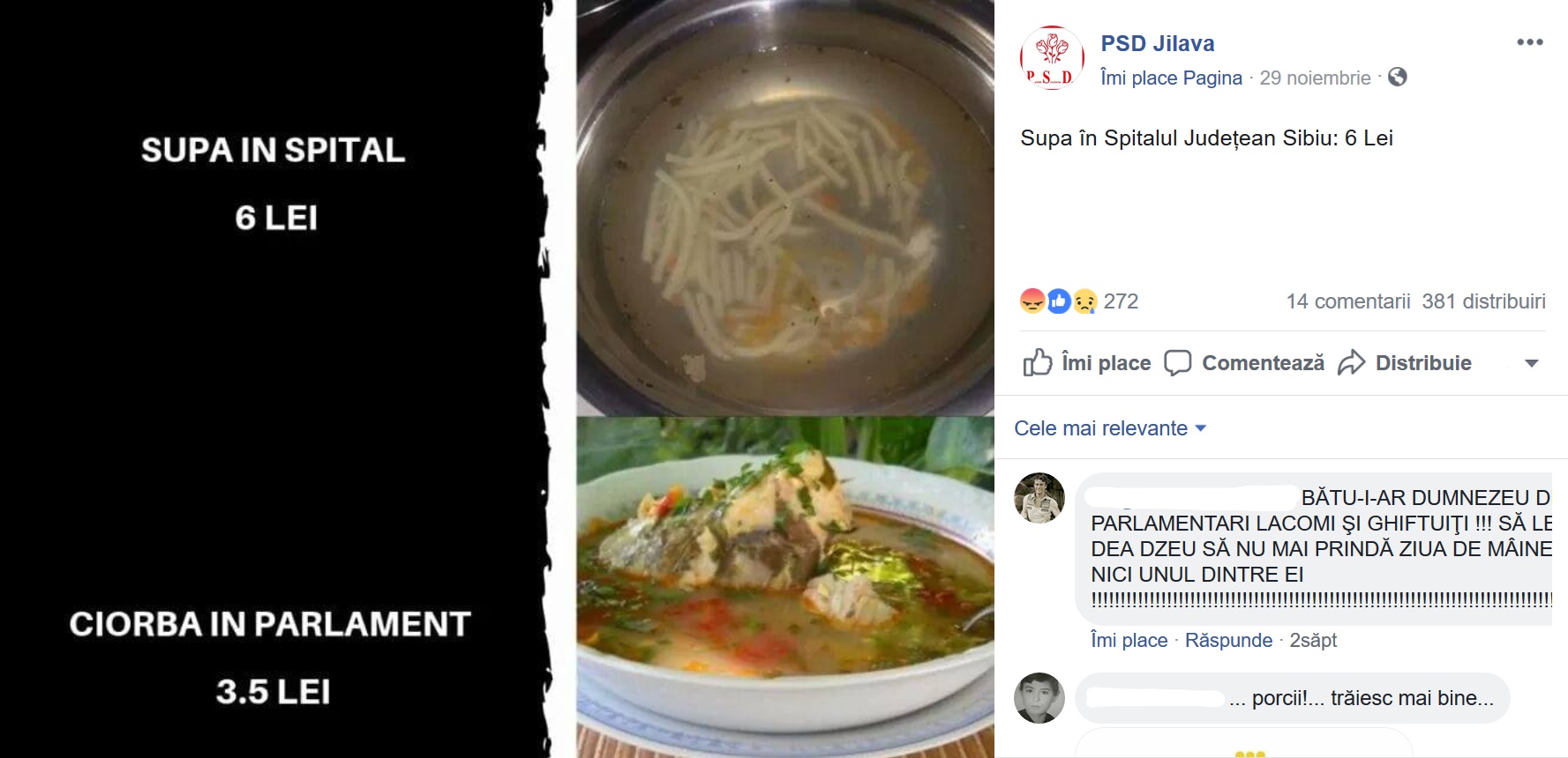 doua imagini care prezinta ce mananca pacientii intr-un spital din Romania si ce mananca parlamantarii la cantina institutiei