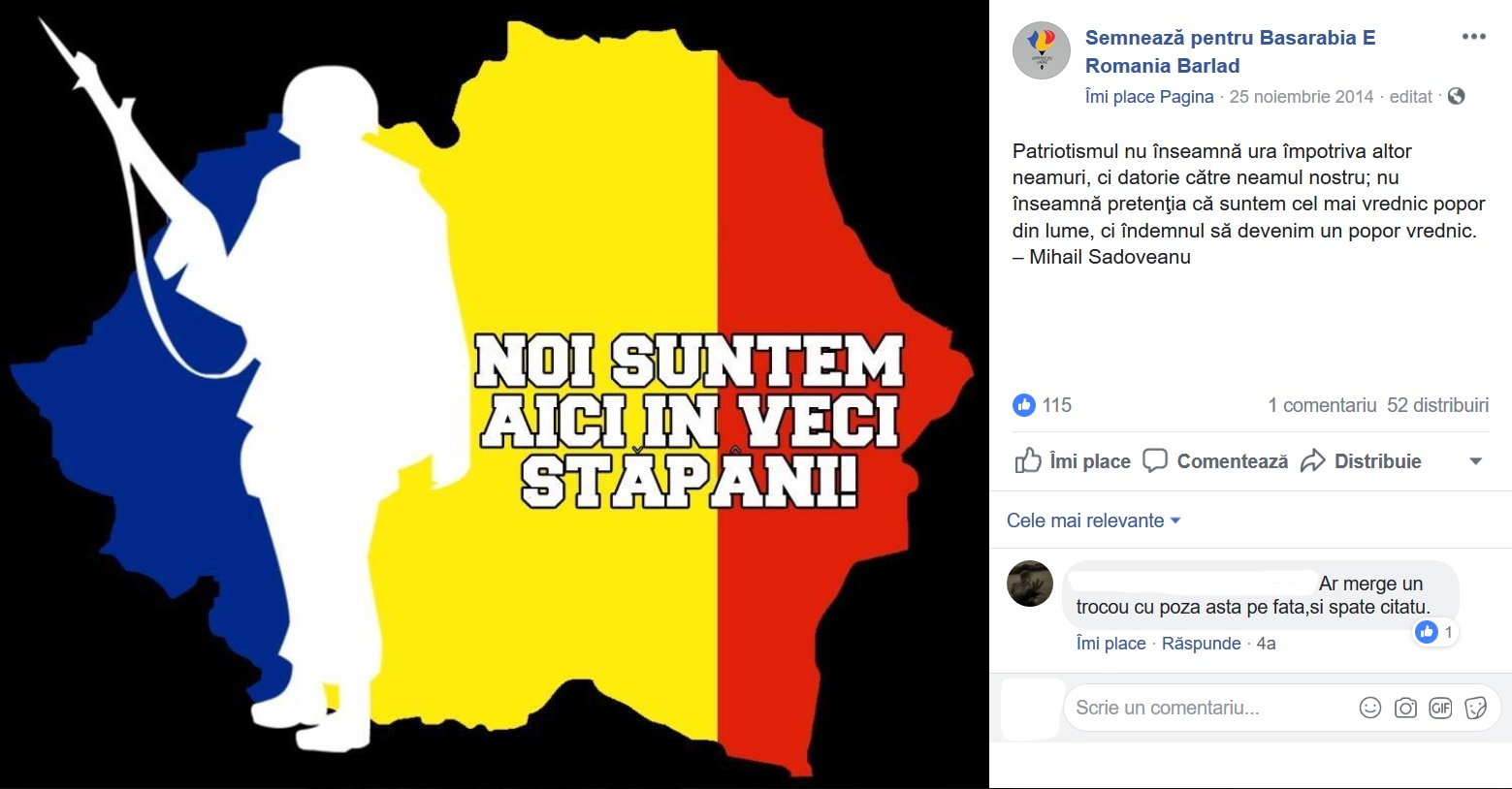 Noi suntem aici pe vesti stapani. Imagine animata cu un soldat si Romania Mare