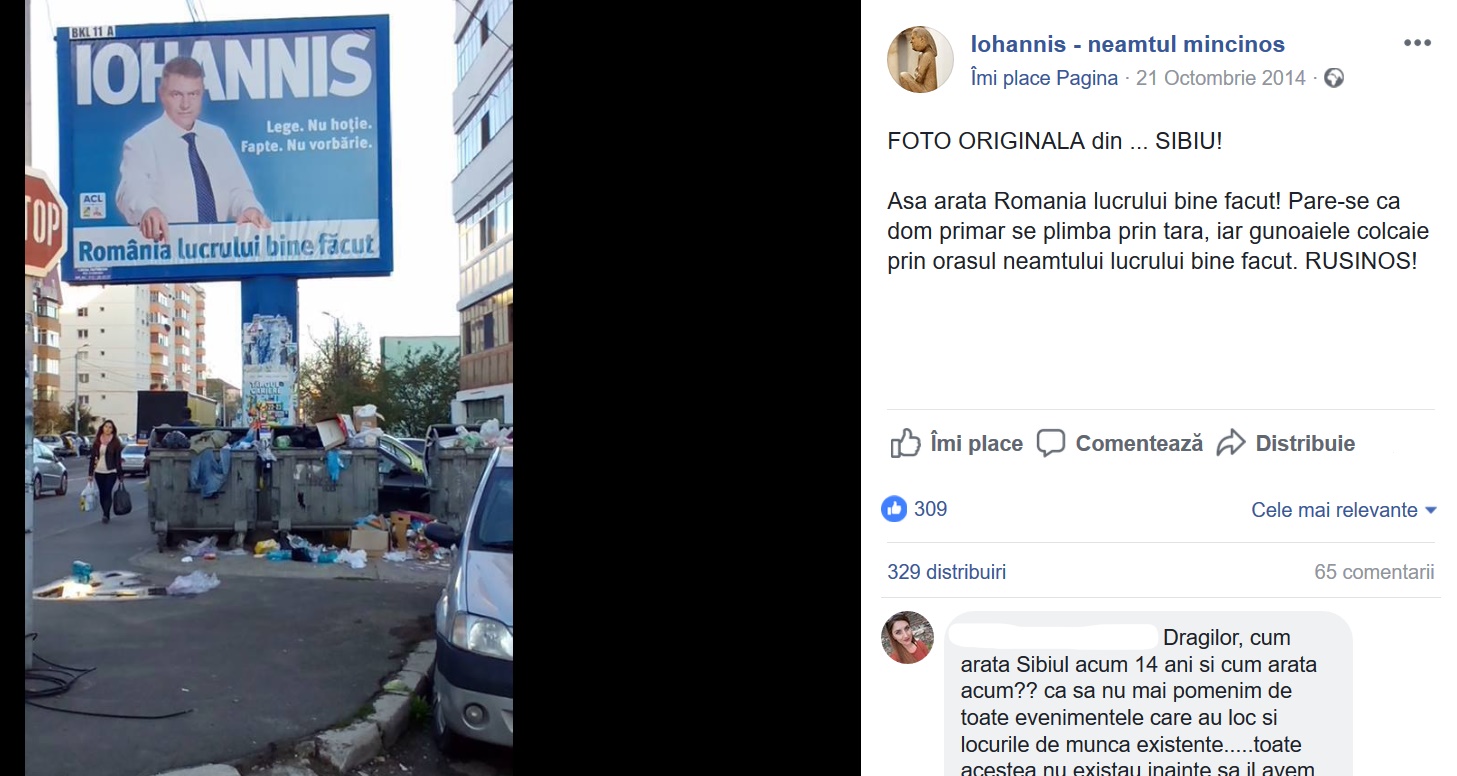 Un afis din campanie cu Iohannis si gunoaie pe strazile din Sibiu