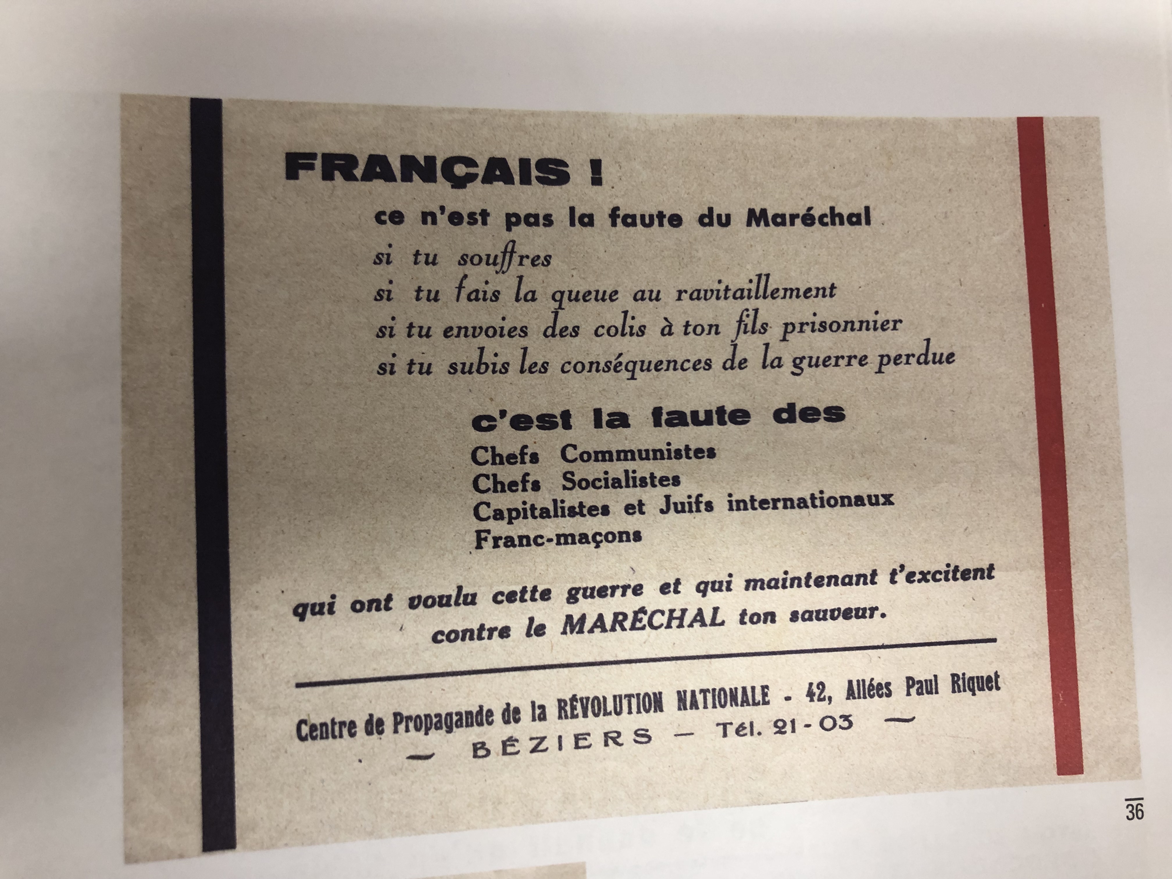 Tract Centre de la propagande de la révolution nationale 