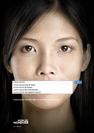 Image of a woman with a search bar covering her mouth with the text "woman should" and listing sexist stereotypes