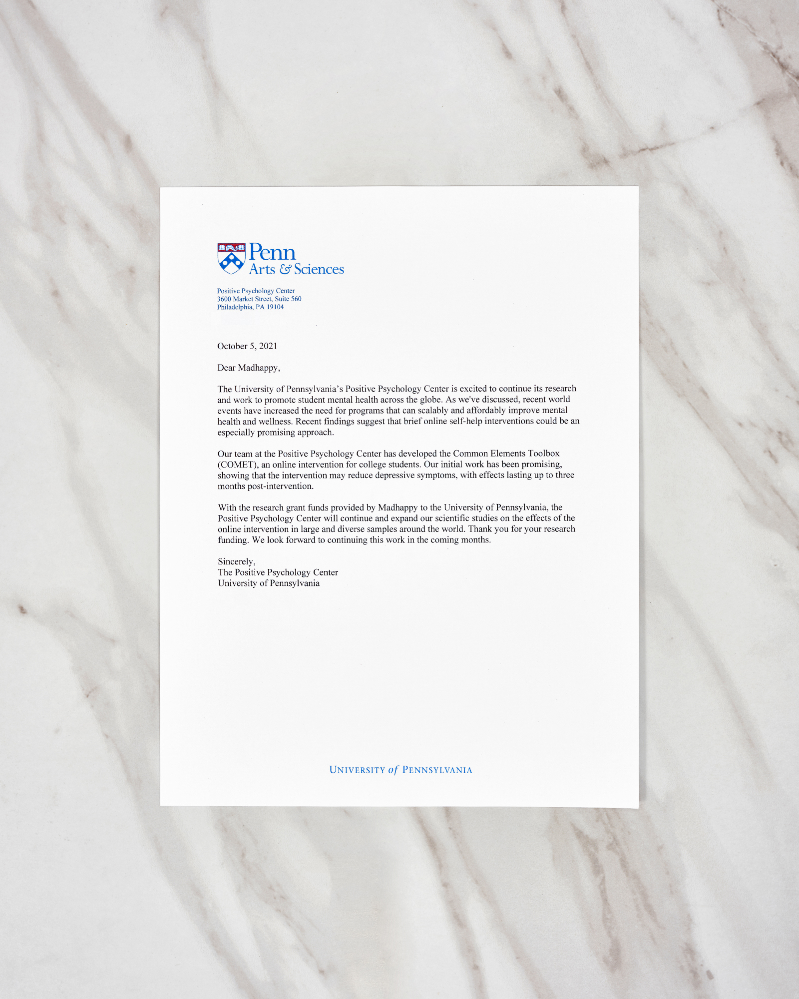 Letter from Upenn to Madhappy 