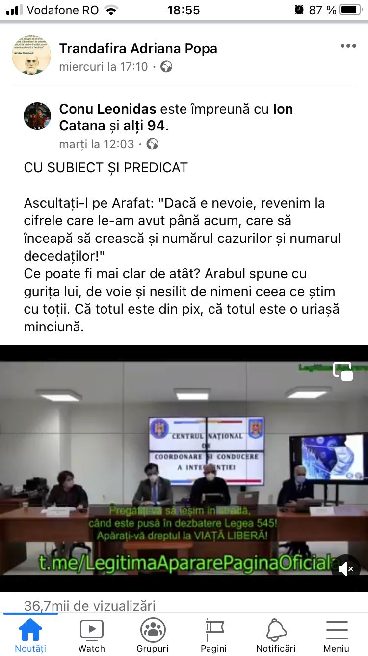 Imaginea prezintă o știre TV comentată în stil malițios de către un utilizator Facebook, acesta interpretând date scoase din context pentru a justifica falsitatea statisticilor prezentate de guvern în ceea ce privește pandemia.