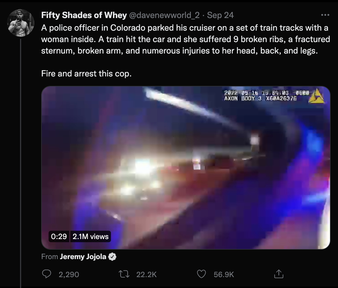 A police officer in Colorado parked his cruiser on a set of train tracks with a woman inside. A train hit the car and she suffered 9 broken ribs, a fractured sternum, broken arm, and numerous injuries to her head, back, and legs. Fire and arrest this cop.