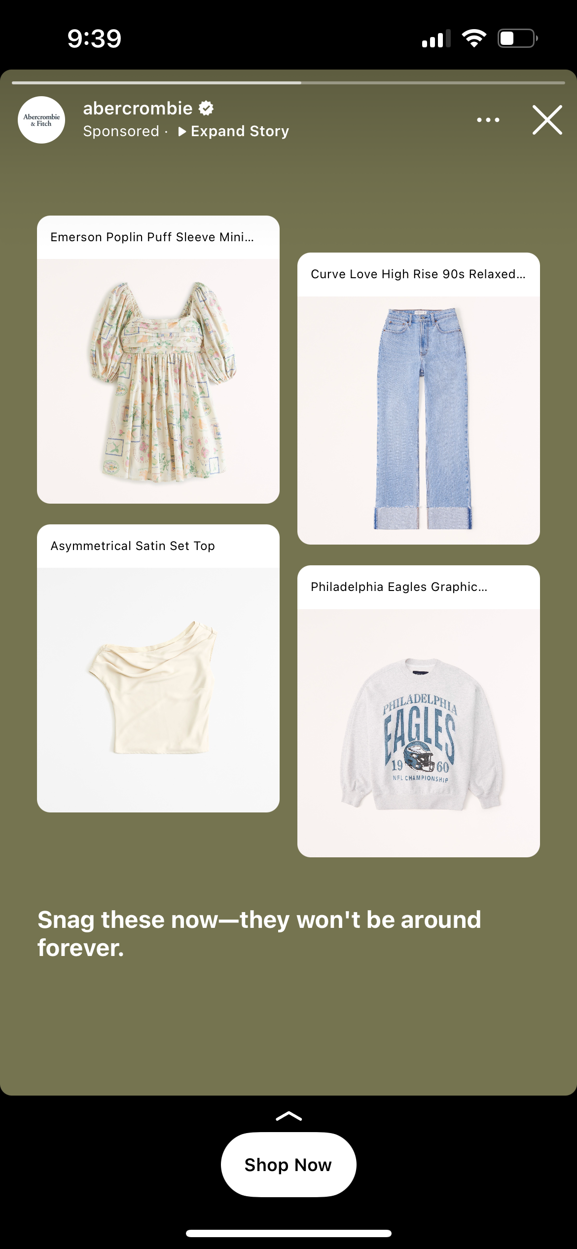 This screenshot depicts an Instagram Story advertisement promoting the brand Abercrombie and Fitch and their clothing.