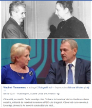 colaj de două imagini publicate de Vladimir Tismaneanu: o imagine cu Viorica Dăncilă și liderul PSD Liviu Dragnea, iar a doua imagine cu Președintele Republicii Socialiste Române Nicolae Ceaușescu împreună cu Lina Ciobanu, om politic comunist român.