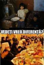 Vezi vreo diferență. Sunt prezentate două imagini: un copi sărac căruia îi e foame și preoți la ospăț