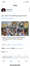 A screenshot of a tweet from Rhianna (the pop start) stating "Why aren't we talking about this?"#farmersprotest
