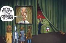 This picture is imitating the Wizard of Oz movie, Dorthy, Lion, Scarecrow, and Tin Man are all standing there staring at the screen where Biden is telling them not to pay attention to the man behind the curtain. The curtain is opened by a dog and you can see Obama standing there pulling levers.