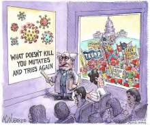 This picture shows a scientist presenting a poster that says, "what doesn't kill you mutates and tries again". There is a nervous woman who is looking outside of the window at a crowd of people who have trump signs. 