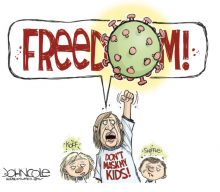 Image represents an angry mother with the text "Don't mask my kids!" on her shirt, with her two children next to her sniffling and coughing. 