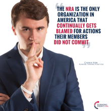 A post by Turning Point USA. Charlie Kirk is quoted here saying "The NRA is the only organization in America that continually gets blamed for actions their members did not commit"