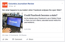 Tweet from CJR Warns of Facebook's Statehood