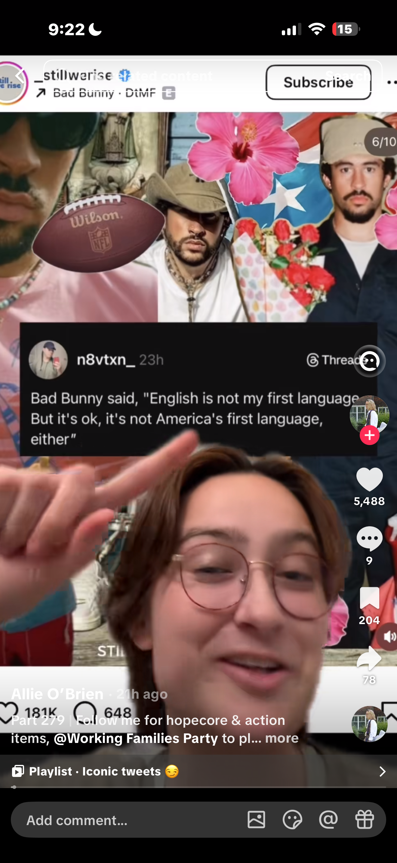 a screenshot of the TT talking about bad bunny and how he is a "fake American" according to viewers.