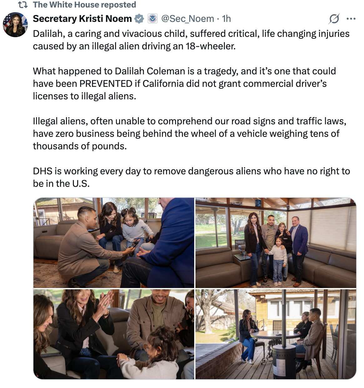 A tweet from the Sec. of Homeland Security about "illegal aliens" hurting a little girl in California.