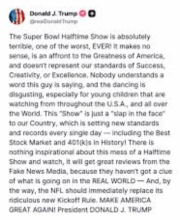 Donald Trump's opinion on 2026 Super Bowl halftime show