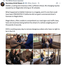 A tweet from the Sec. of Homeland Security about "illegal aliens" hurting a little girl in California.